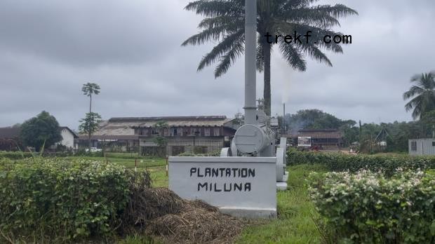 White-painted co<em></em>ncrete sign in front of an antique boiler: "Plantation Miluna", Budjala territoire, Sud-Ubangi, Democratic Republic of Congo. Image by Francesco De Augustinis for Mongabay.