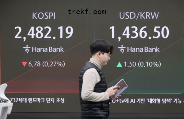 An electro<em></em>nic board showing the Korea Composite Stock Price Index at a dealing room of the Hana Bank headquarters in Seoul on Tuesday. (Yonhap)