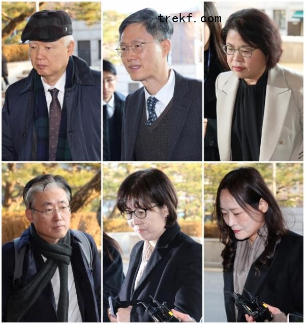 This composite image features the justices of the Co<em></em>nstitutio<em></em>nal Court who will deliberate on a parliamentary motion to impeach President Yoon Suk Yeol. The justices are seen arriving for work at the court in Seoul on Monday. Clockwise from top left: Cheong Hyung-sik, Moon Hyung-bae, Kim Bok-hyeong, Chung Jung-mi, Lee Mi-sun and Kim Hyung-du. (Yonhap)