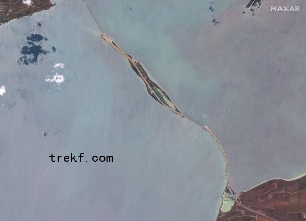A satellite image shows a view of the Crimea bridge in Kerch Strait, July 17,2023. A Russian oil tanker carrying thousands of to<em></em>nnes of oil products split apart during a heavy storm today, spilling oil into the Kerch Strait, while another tanker was also in distress after sustaining damage. — Picture courtesy of Maxar Technologies/Handout via Reuters